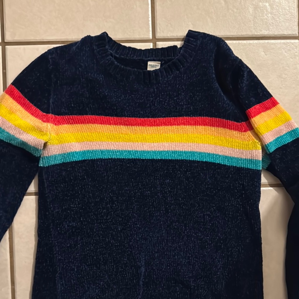 Arizona Jean Company Blue and Red Sweater with Retro Stripes